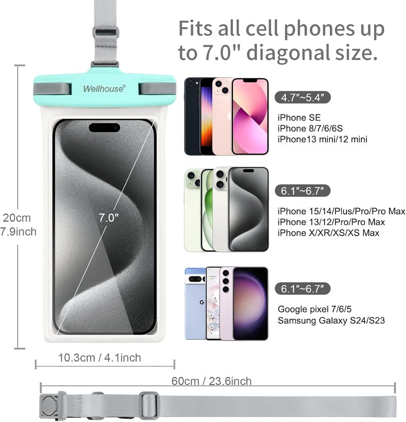 Wellhouse Waterproof Phone Pouch, Waterproof Phone Case for iPhone 16 15 14 13 12 Pro Max XS Samsung, IPX8 3D Cellphone Dry Bag Beach Essentials (2 Pack - Green & White7.0, 7 inch) - Image 5